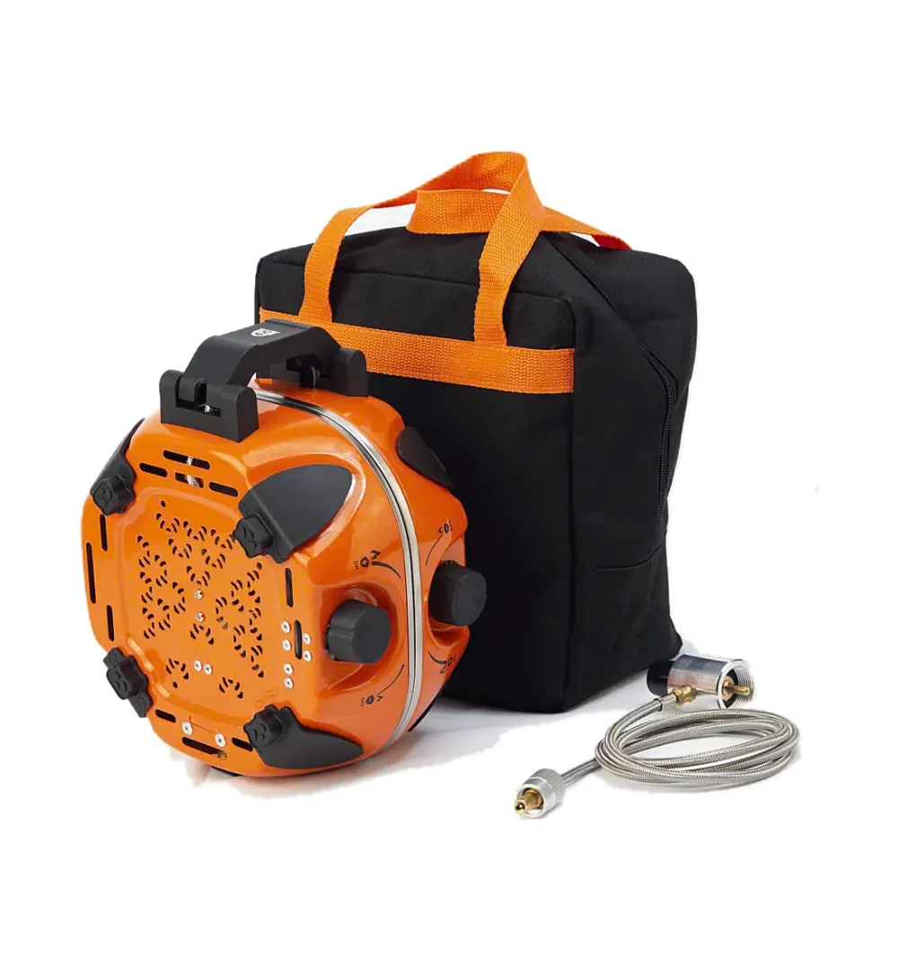 Bếp gas mini tròn màu cam có nắp, túi đựng đen và ống dẫn gas
