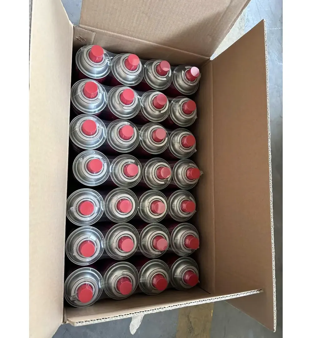 Thùng carton mở nắp chứa các lon gas mini butane xếp đứng, nắp chụp màu đỏ
